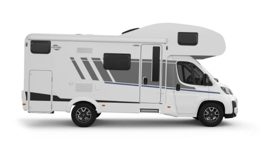 Motorhome Carado con mansarda, vista laterale su sfondo bianco