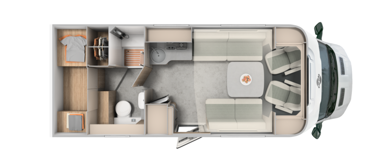 Carado motorhome floor plan with rear bed, bathroom, kitchen and lounge area