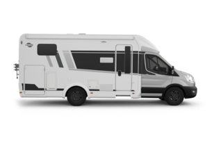 Carado motorhome in side view: a white semi-integrated motorhome with entrance door and windows