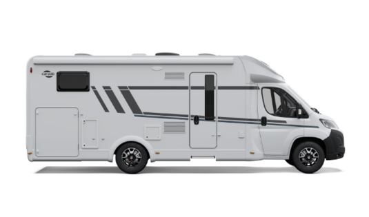 Side view of a white Carado motorhome with entrance door, windows and grey decorative stripes