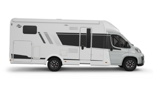 White Carado motorhome, side view with habitation door, windows and awning, isolated
