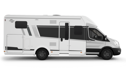 Carado motorhome, side view of a semi-integrated motorhome on a white background