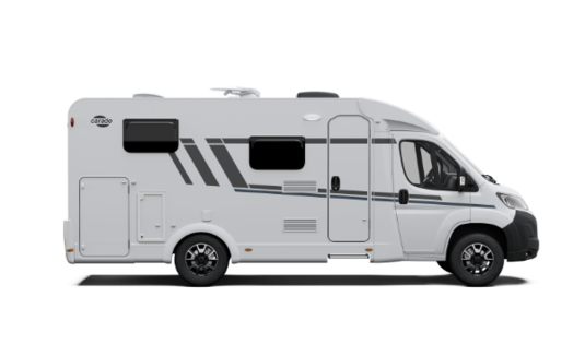 Carado motorhome, side view of a white semi-integrated motorhome