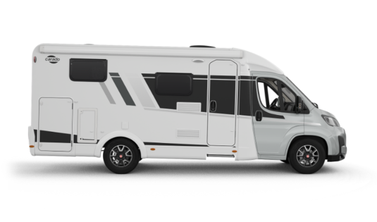 Carado motorhome in side view, white semi-integrated motorhome isolated on a black background