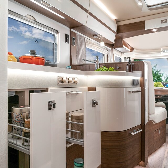 Two filled drawers in the bright kitchen of the HYMER B-MasterLine