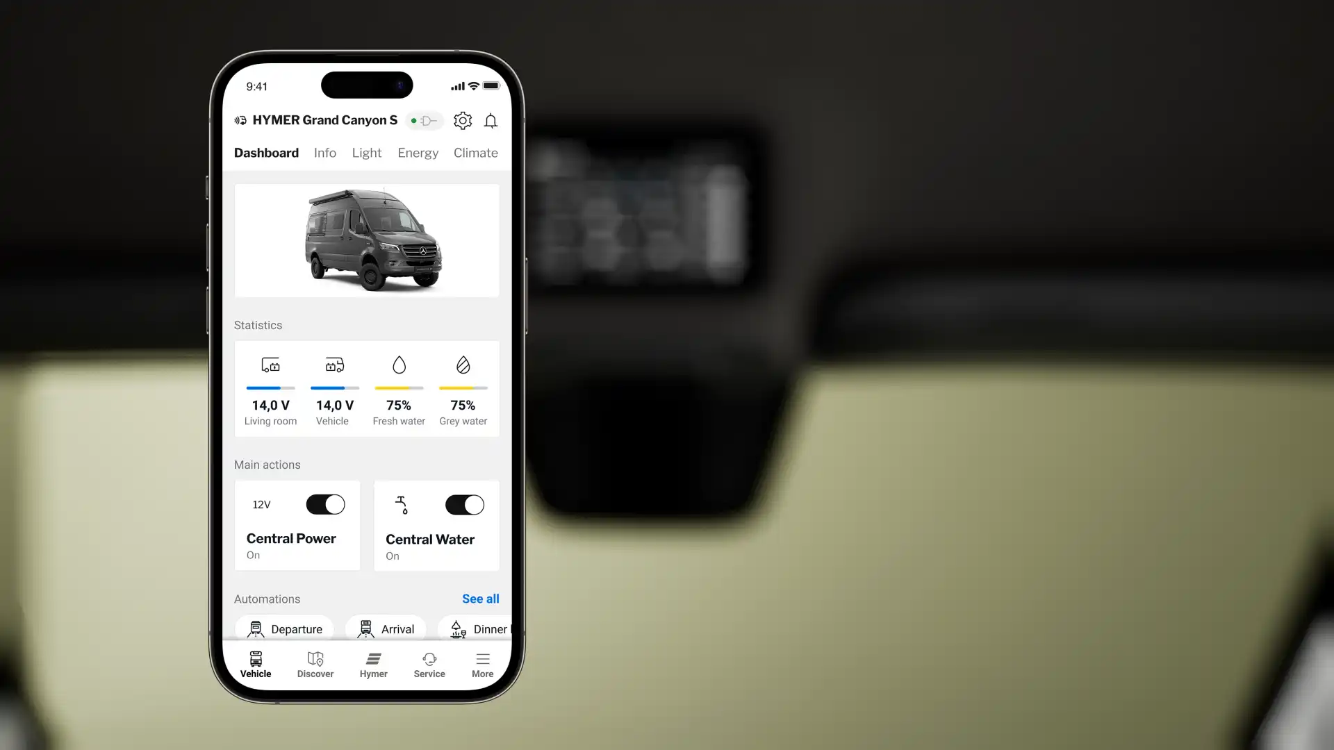 L'application HYMER Connect affiche les informations sur le véhicule et offre des options de réglage sur le smartphone.