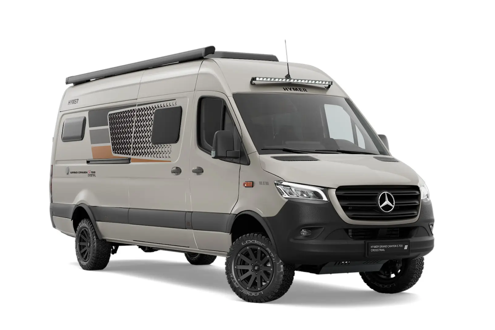 Cut-out of a dark grey campervan, viewed from the front angle on the passenger side of the vehicle.