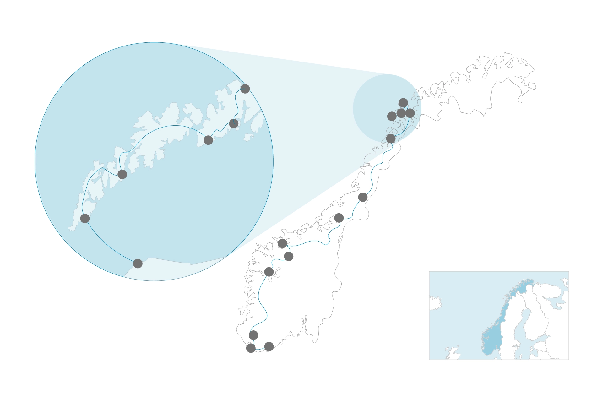 Reiseskisse som viser en reiserute i Norge med punkter og forbindelseslinjer